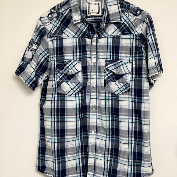 BKE Men's Short Sleeve Pearl Button Blue/Gray Plaid Shirt Athletic Fit Size M - Picture 1 of 10